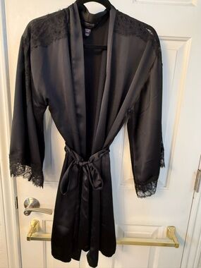 Victoria Secret Black Lace-Trim Satin Robe - Women's Intimates & Sleepwear